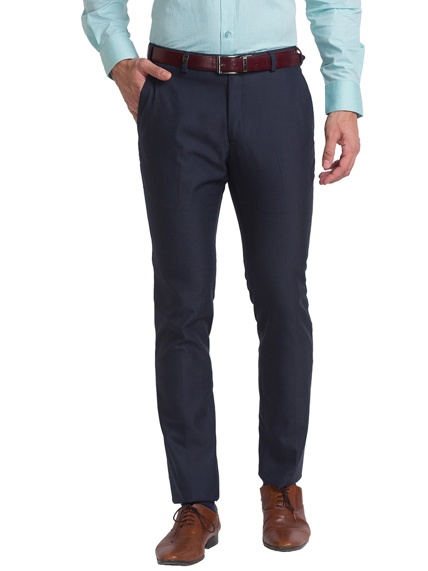 Park Avenue Navy Super Slim Fit Self Design Flat Front Trousers