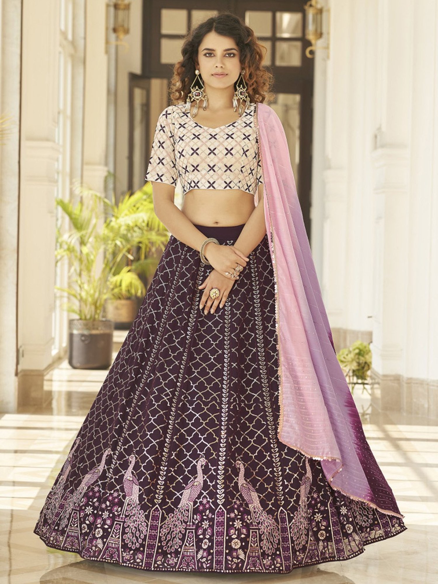 SHUBHKALA Purple & Cream Embellished Lehenga and Choli Set With Dupatta