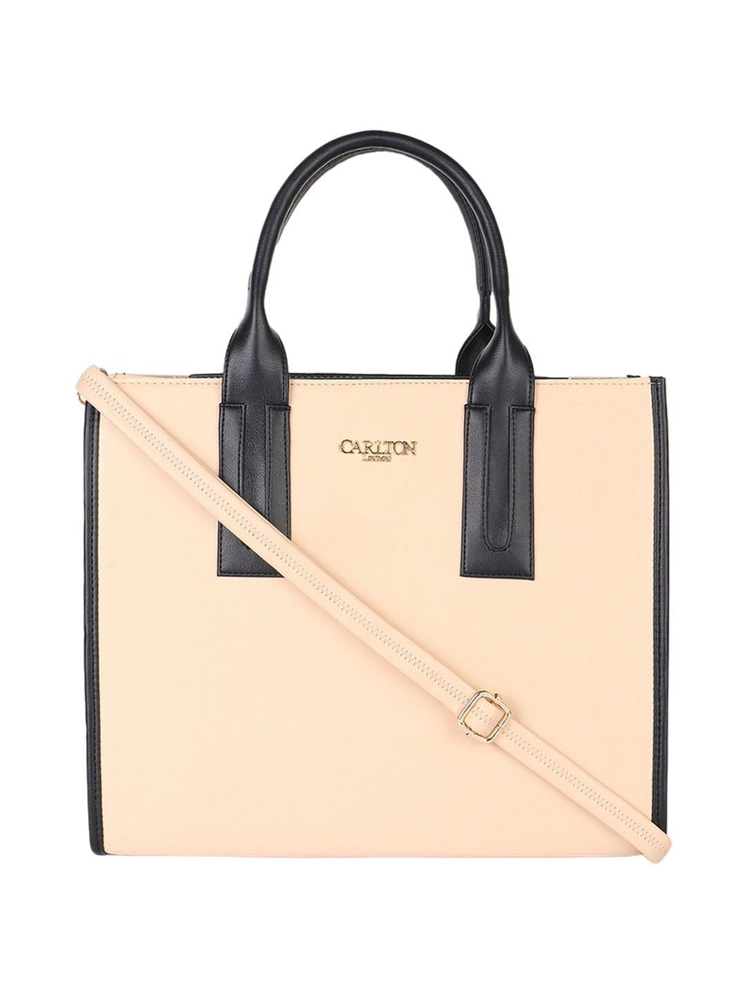 Carlton London Beige & Black Color Block Medium Handbag