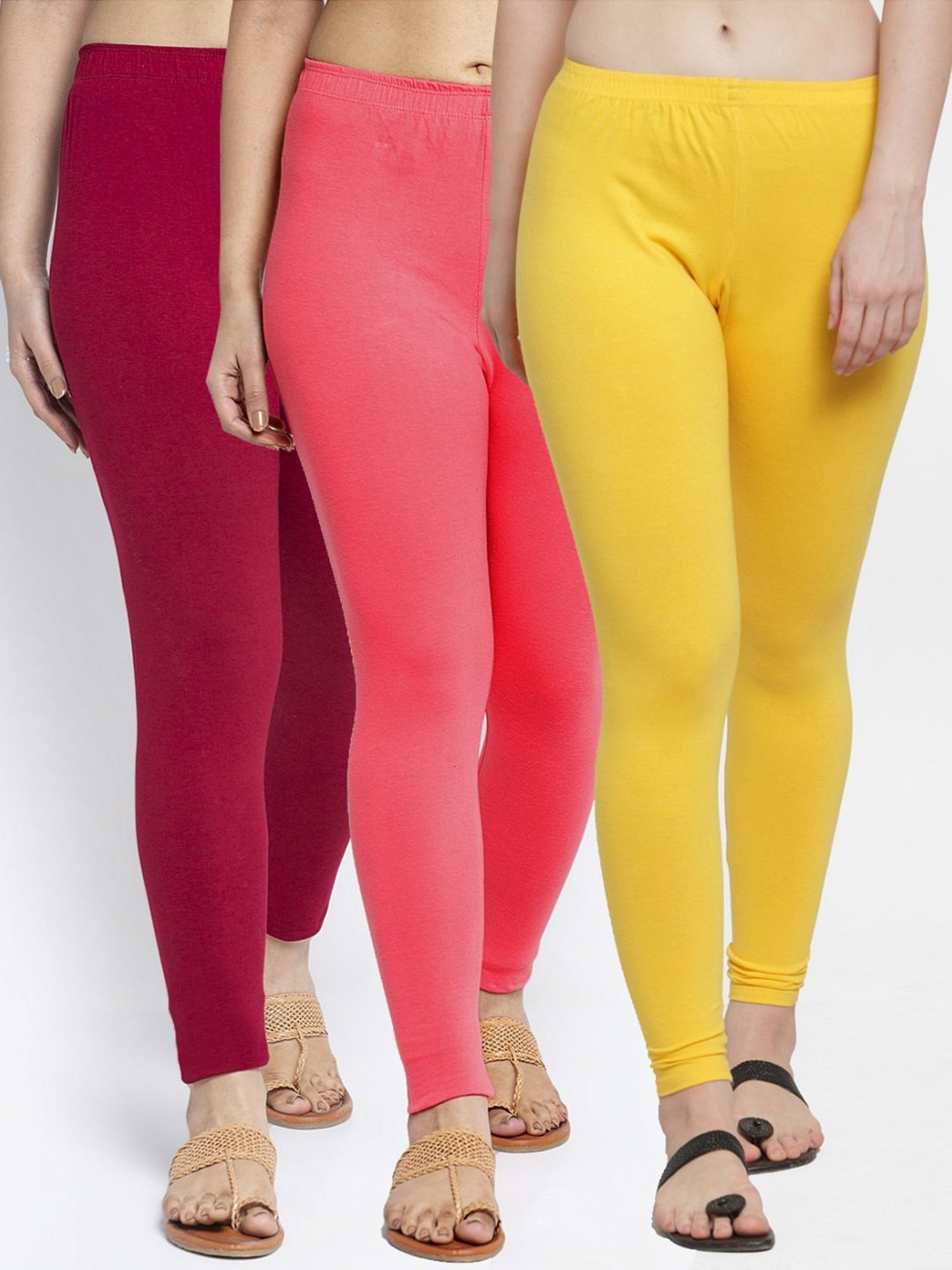 Gracit Yellow & Maroon Mid Rise Leggings - Pack Of 3