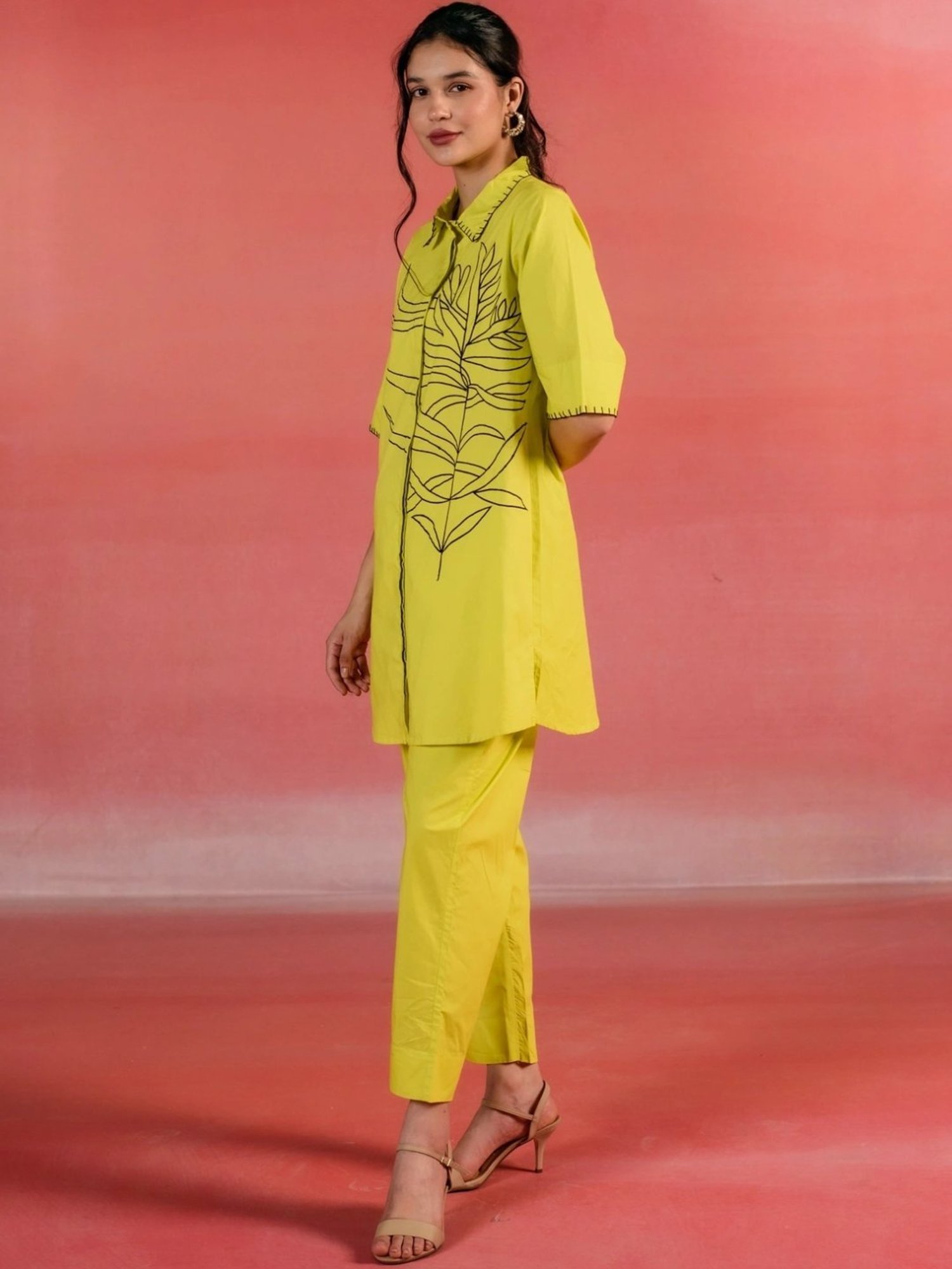 Kameez by Pooja Lemon Yellow Embroidered Poplin Shirt with Pant Co-ord Set