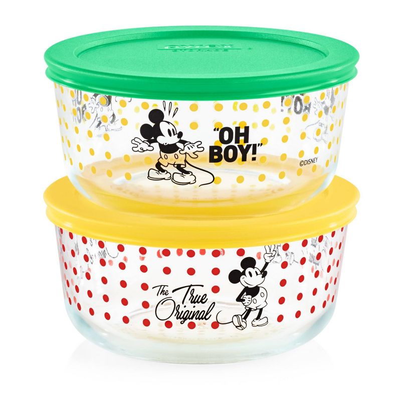 Pyrex 4pc 4 Cup Round Decorated Glass Food Storage Set - Mickey Mouse Oh Boy and The True Original