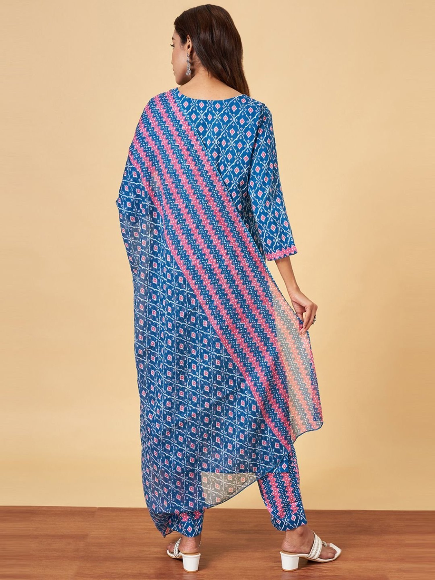 YU by Pantaloons Blue Cotton Printed Kurta Pant Set With Dupatta