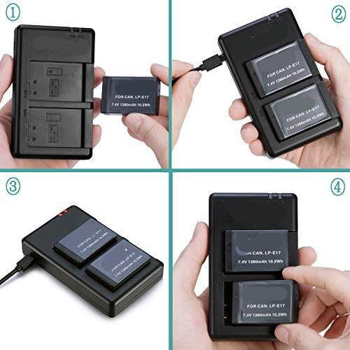 2 Pack LPE17 New Upgraded Battery 74V1380mAh and Rapid Dual USB Charger for  EOS RP Rebel SL2 SL3 T6i T6s T7i M3 M5 M6 200D 77D 750D 760D 800D Digital SLR Camera