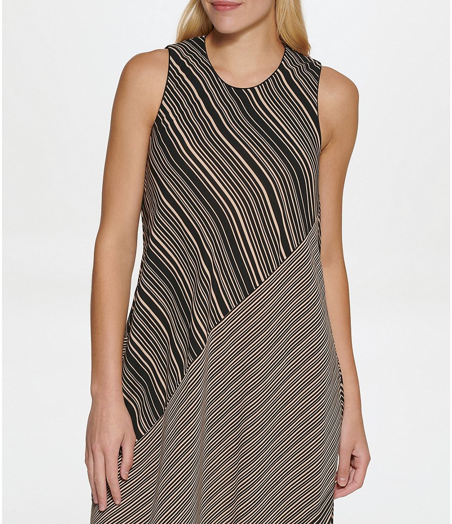 Donna Karan Blocked Stripe Mix Asymmetric Hem Jewel Neck Sleeveless Midi Dress