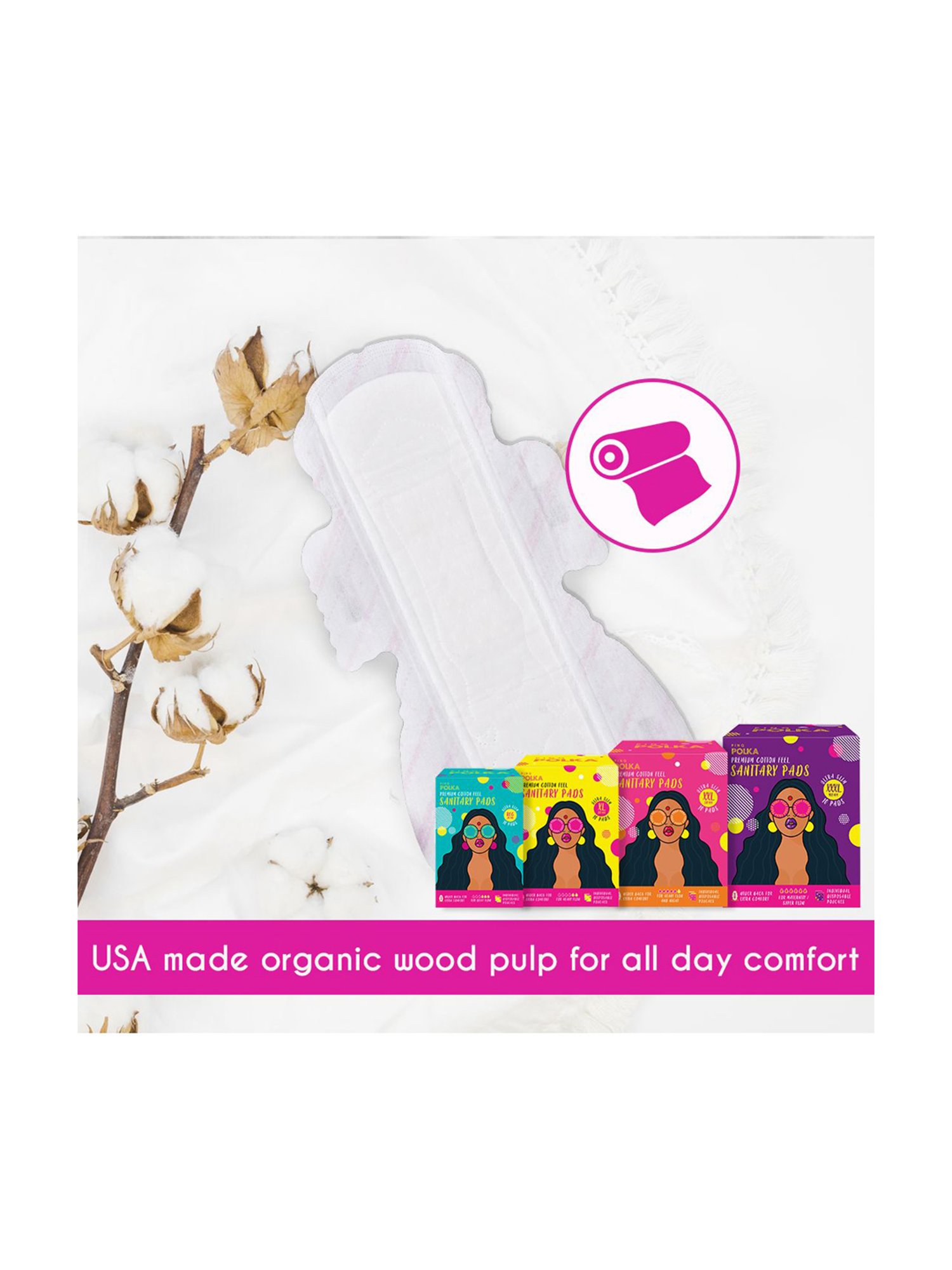PINQ Polka Organic Cotton Ultra Sanitary Pads-XXXL with Disposable Biodegradable Pouch-Pack of 20