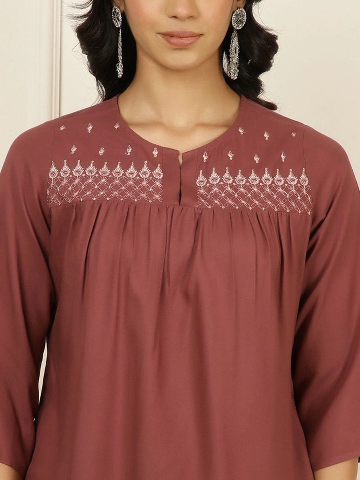 Jaipur Kurti Brown Embroidered Top