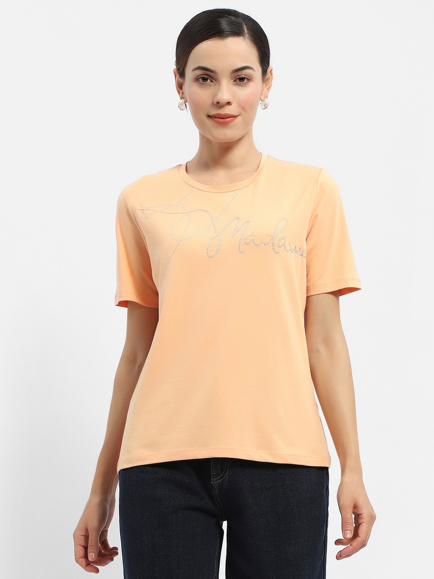 MADAME Peach Cotton Embellished T-Shirt