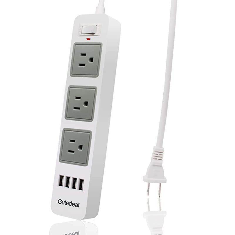 Strip White USB Strip with 2 Prong 66ft Extension Cord 3 AC Outlet Flat Plug Surge Protector for Workbench Nightstand Home Office and Hotel