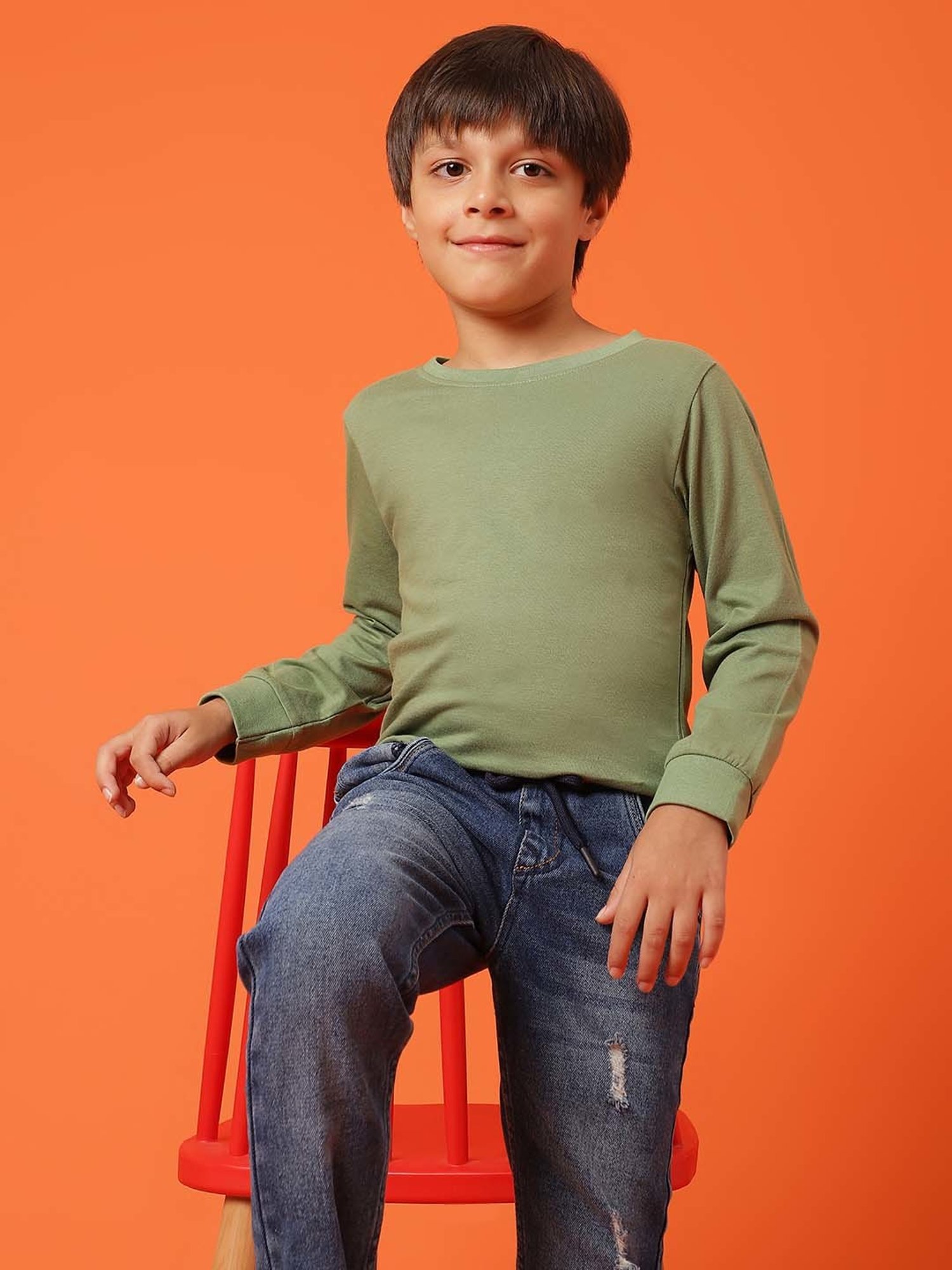 Tales & Stories Kids Olive Cotton Regular Fit Full Sleeves T-Shirt