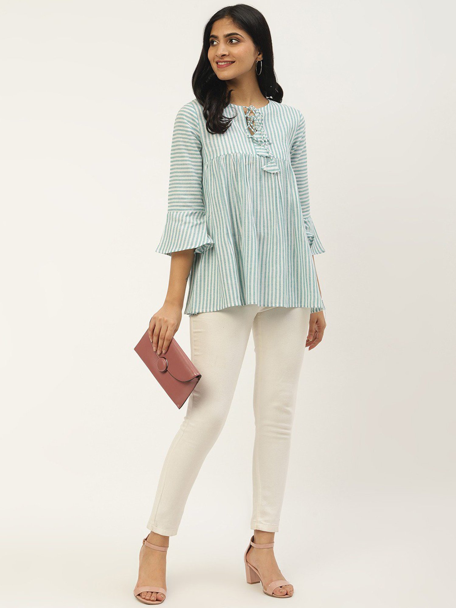 Cottinfab Turquoise Striped A-Line Cotton Top