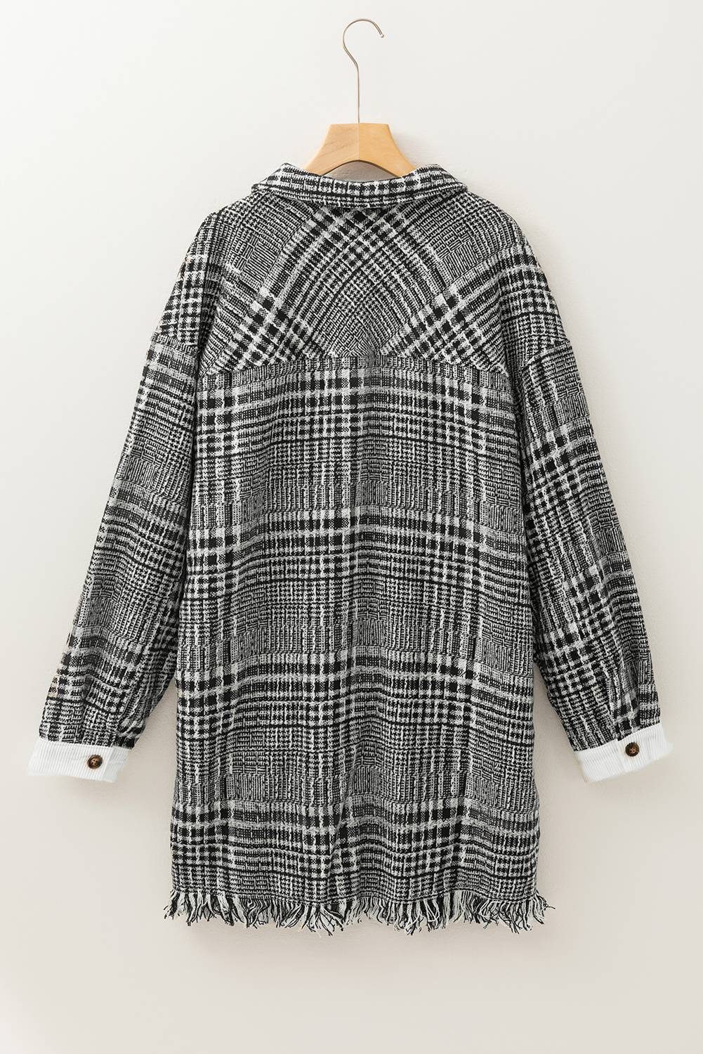 Black Plus Size Plaid Fringe Hem Midi Coat