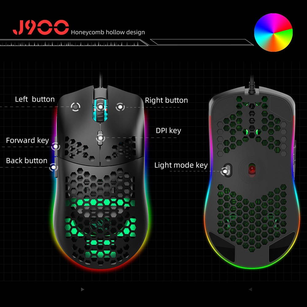 HXSJ J900 USB Wired Gaming Mouse RGB Gaming Mouse with Six Adjustable DPI Ergonomic Design for Desktop Laptop
