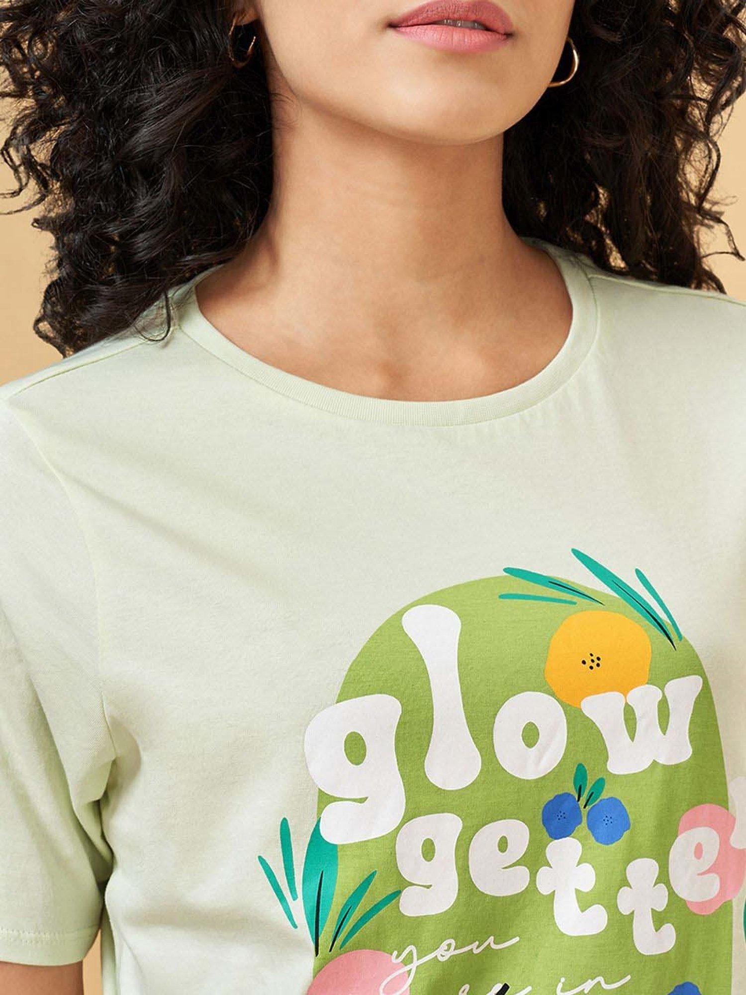 People by Pantaloons Green Cotton Printed T-Shirt