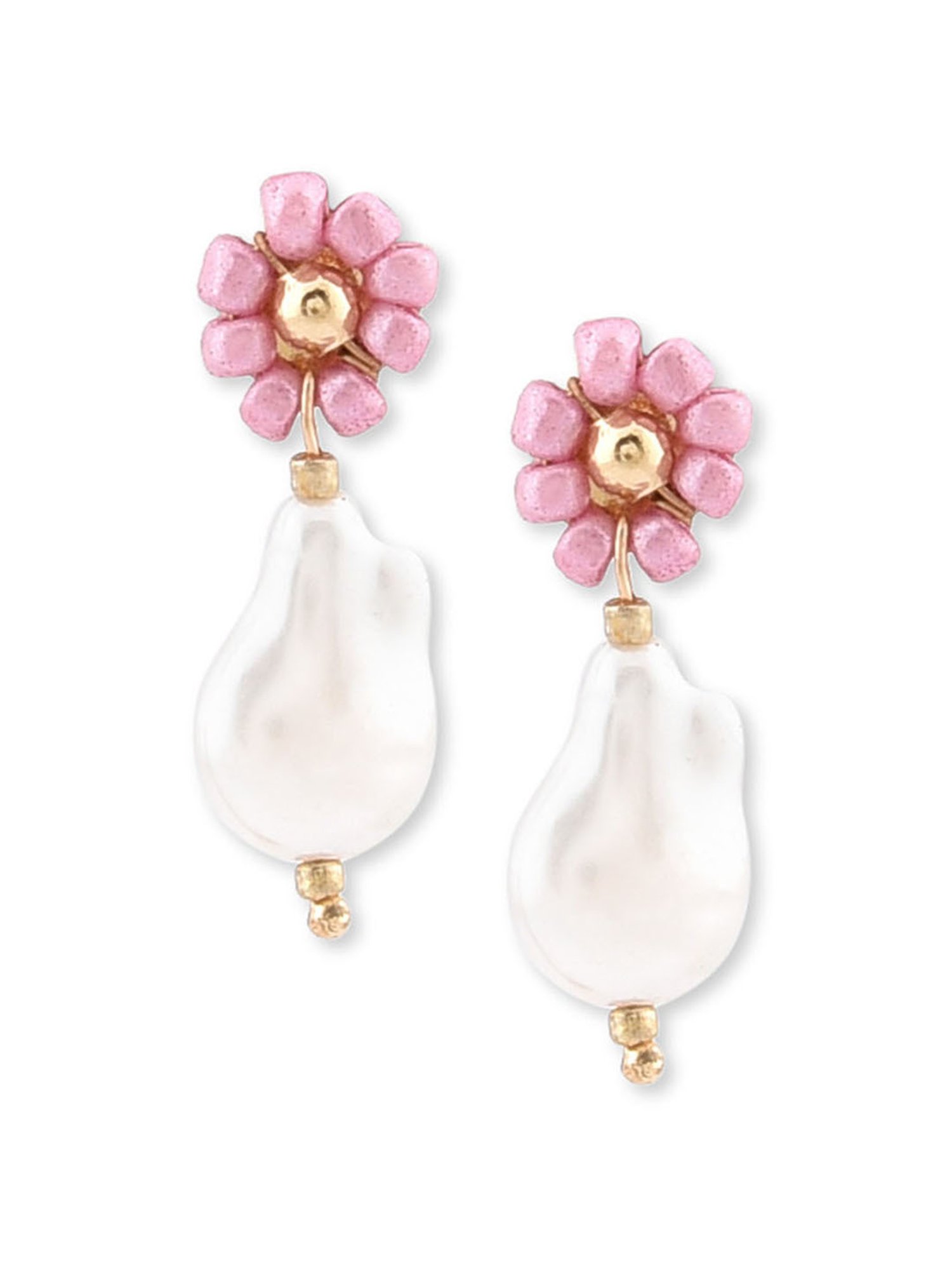 ToniQ Pink White Pearl Beaded Floral Drop Earrings for Women