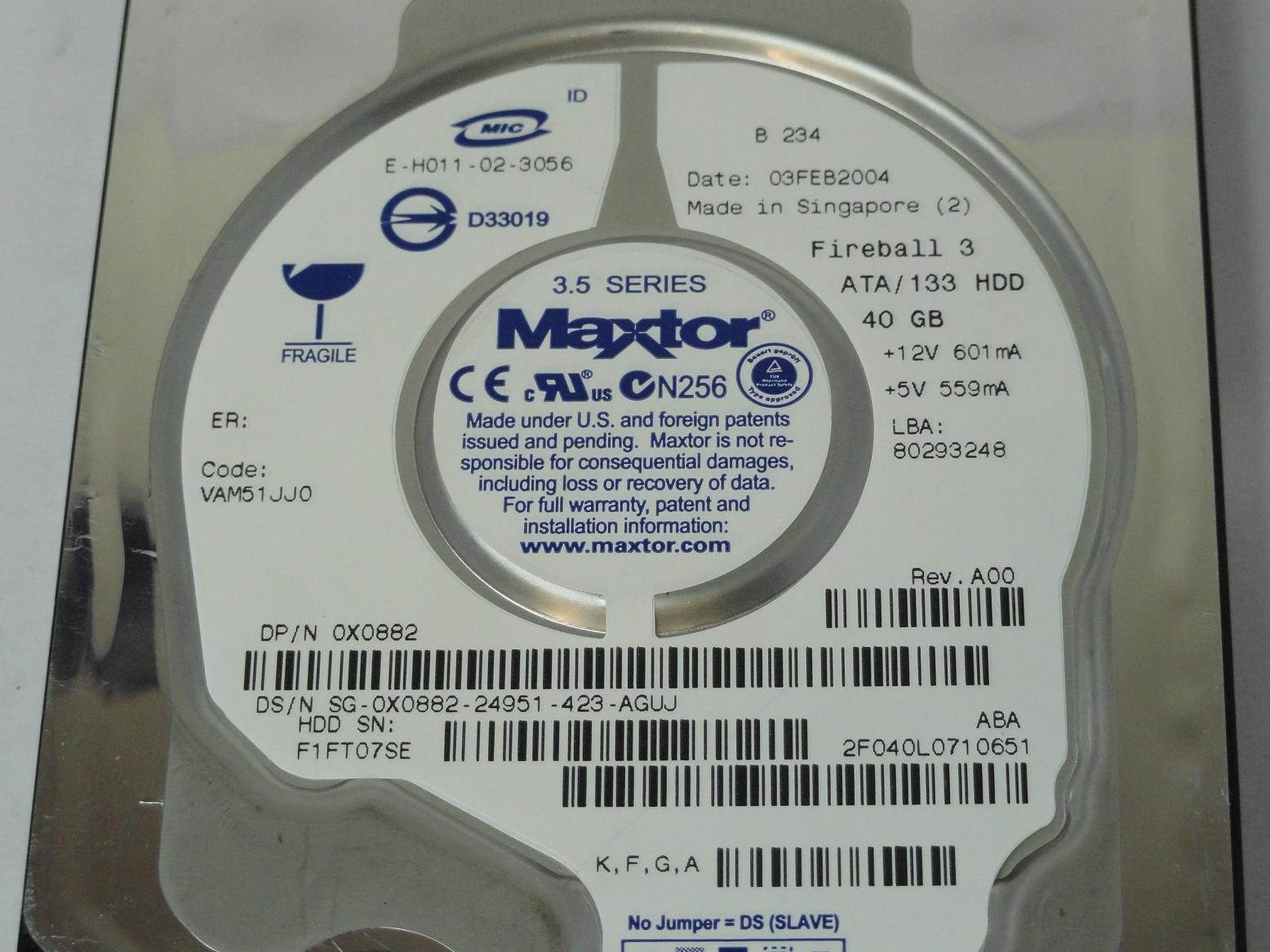 Maxtor 2F040L0 Fireball 3 40 GB Hard Drive - 3.5" Internal - IDE (IDE Ultra ATA/133 (ATA-7))