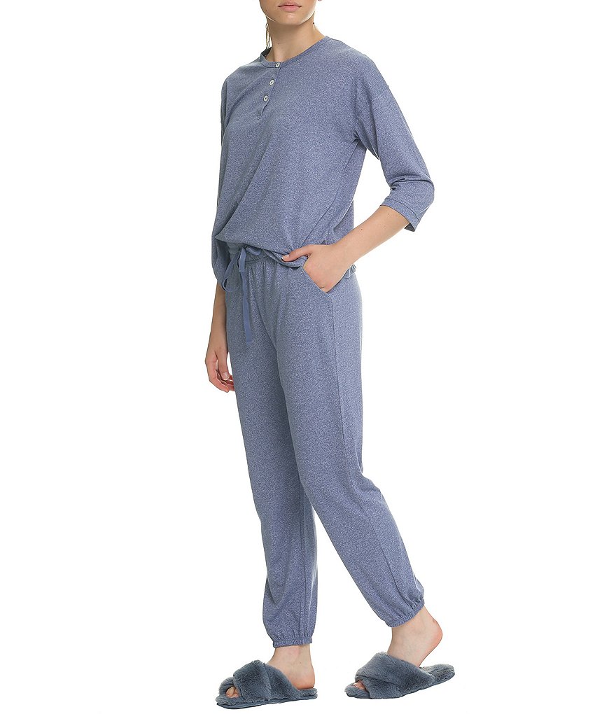 Papinelle Unwind Solid Knit 3/4 Sleeve Round Neck Henley Top & Jogger Pants Lounge Set