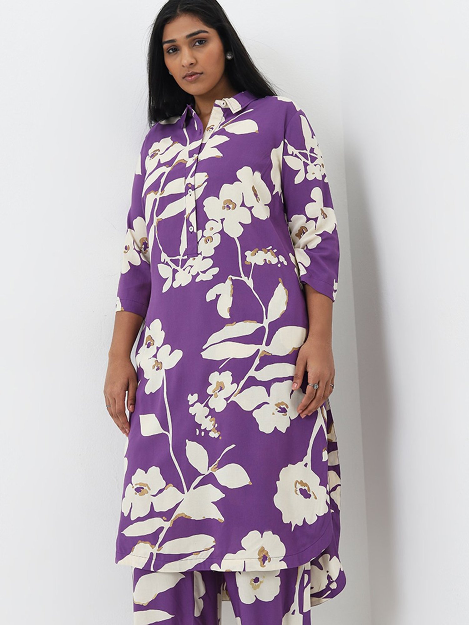 Diza by Westside Purple Floral Printed A-Line Cotton Kurta