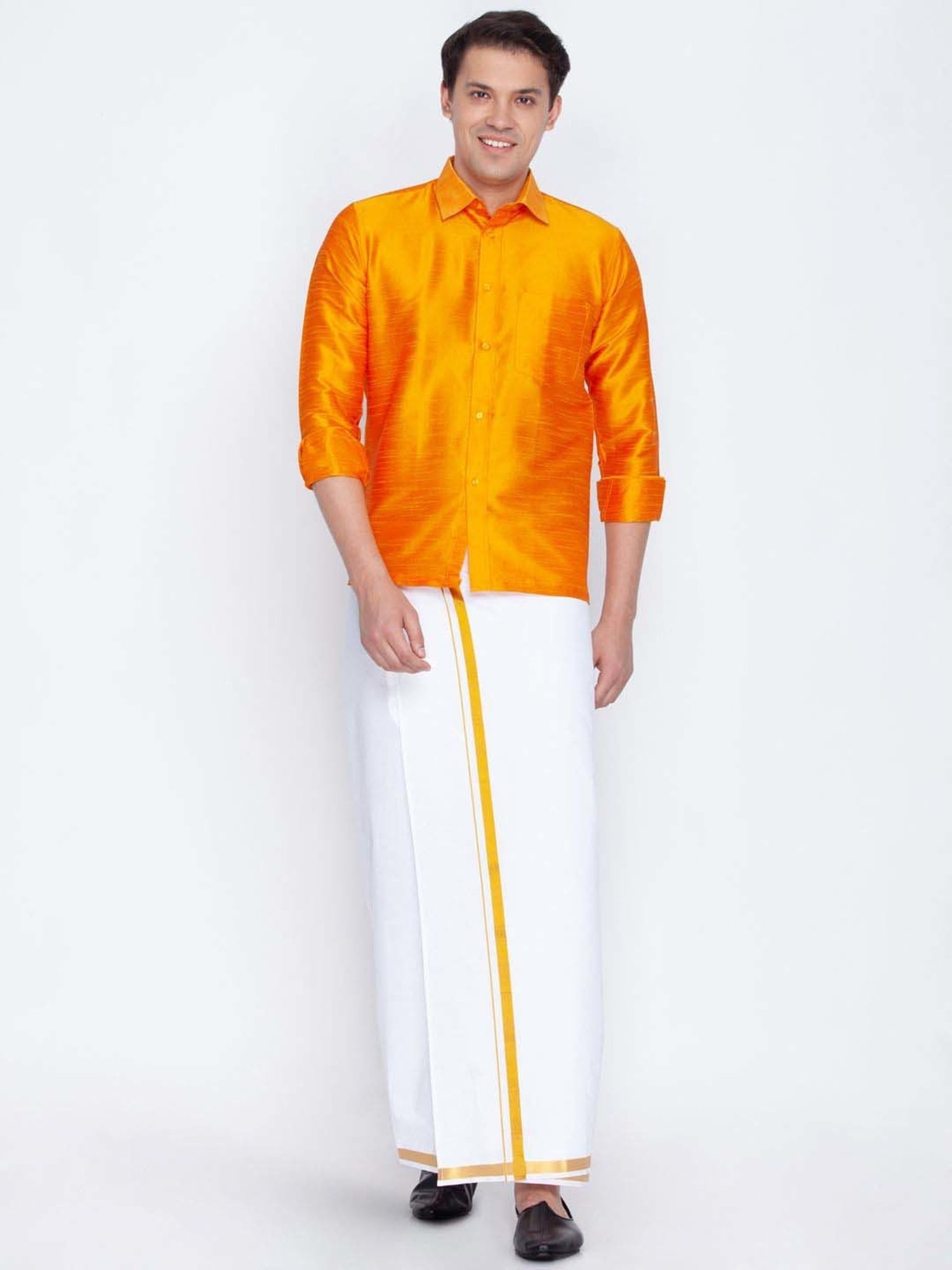 Vastramay Orange & White Regular Fit Ethnic Shirt With Mundu