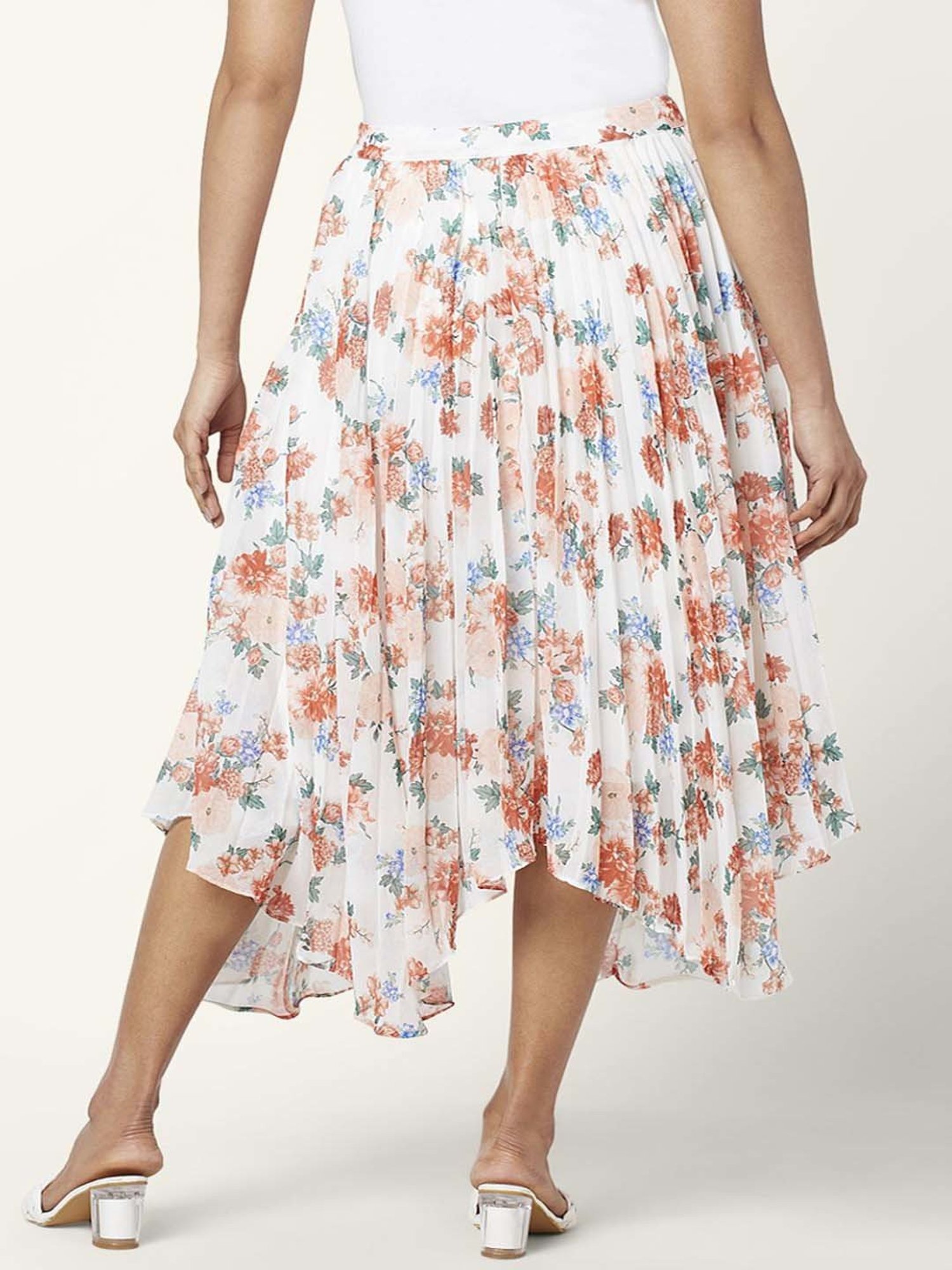 Honey by Pantaloons White & Peach Floral Print Assymetric Skirt