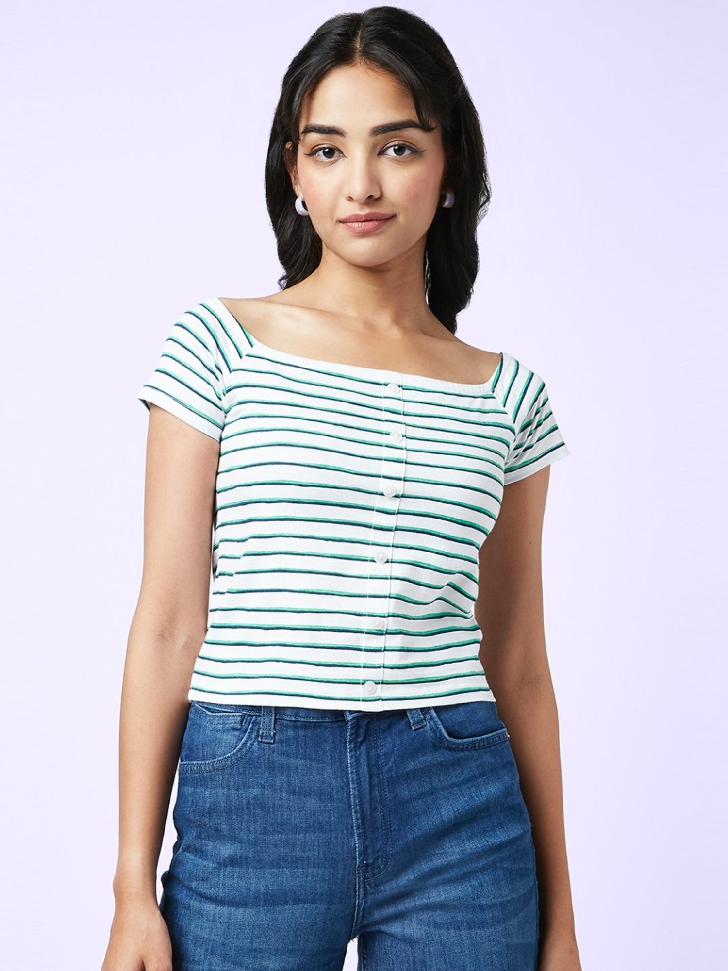 YU by Pantaloons White Striped Top