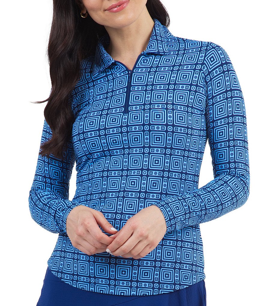 IBKUL Pricilla Print Long Sleeve Point Collar Neck Active Polo Top