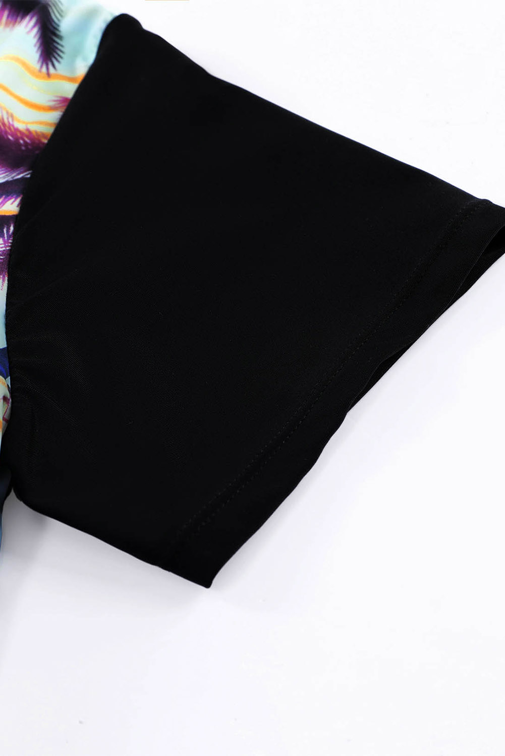 Black Plant Print Zip Front Half Sleeve One Piece Swimsuit