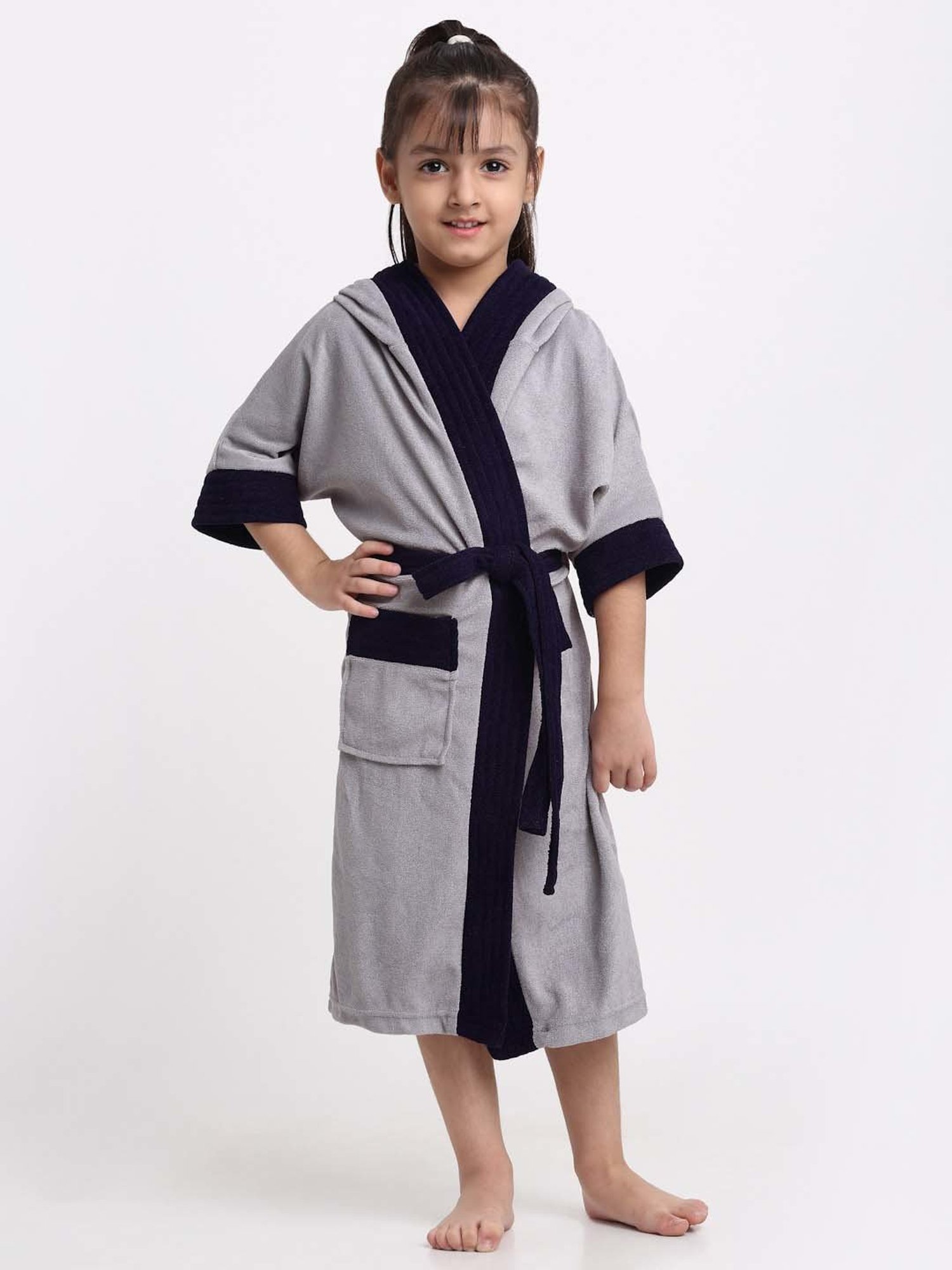 Creeva Melodious Grey & Navy Micro Terry 225 GSM Kids Hooded Bathrobe 6-7 Years With Pocket