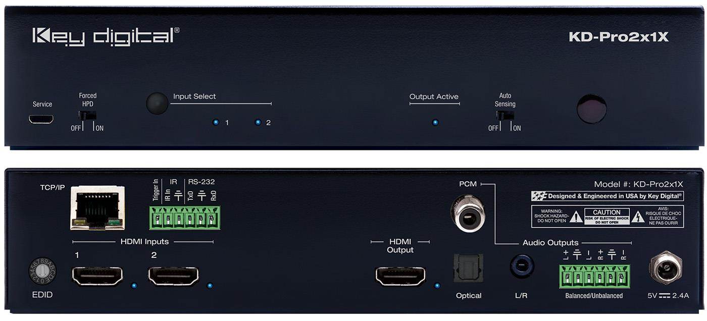 Key Digital KD-Pro2x1X 2x1 4K/18G HDMI Switcher with Optical/PCM/L/R and Balanced/Unbalanced Audio/IP Control