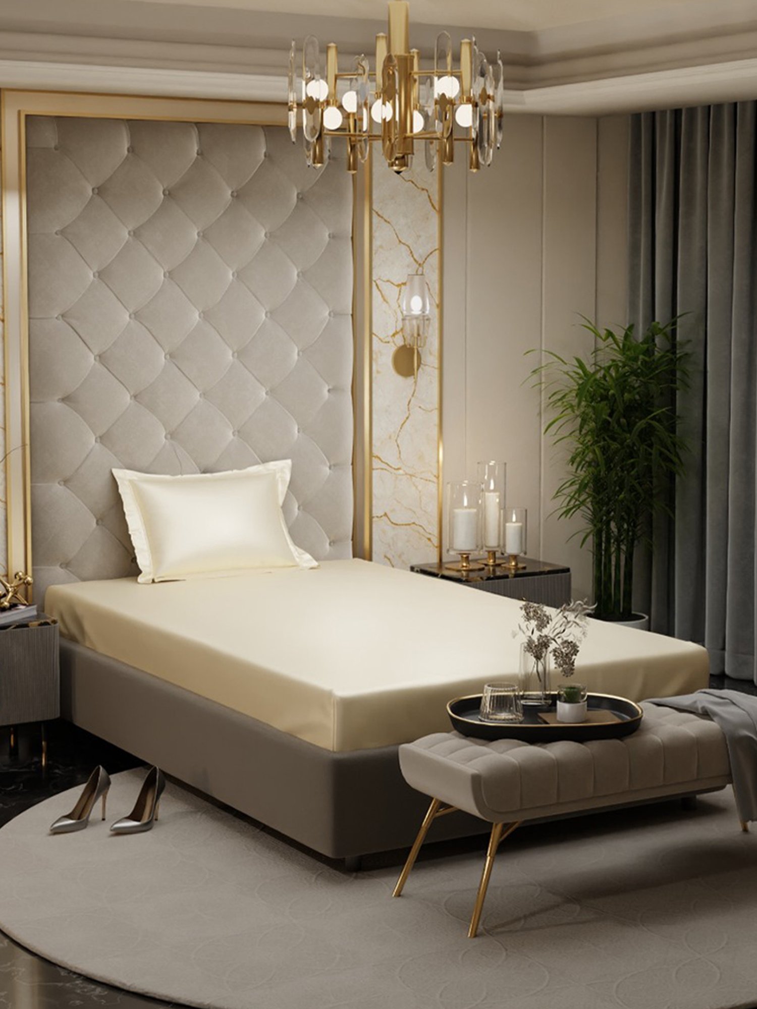 Stoa Paris Ivory Polyester 300 TC Date Night Single Fitted Bedsheet With Pillow Cover