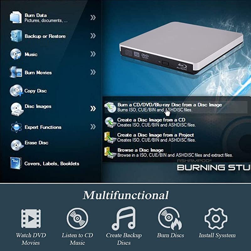 Blu-Ray CD DVD Drive,USB 3.0 Portable BD 3D Blu-Ray Player DVD/CD-RW BD-ROM Burner Compatible with Windows 10/8/7/XP/Vista MAC OS System for Laptop/Desktops PC (Sliver.)