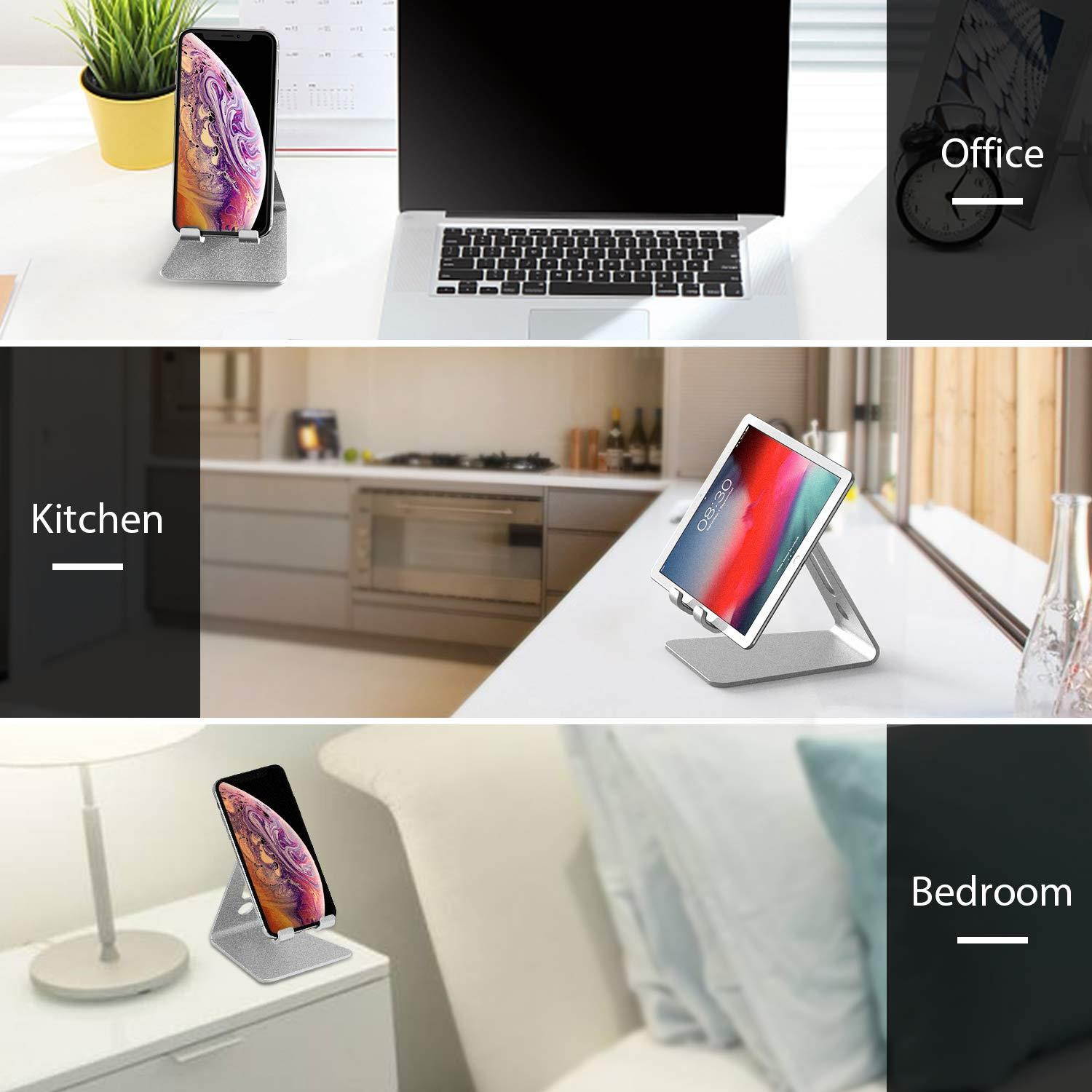 OMOTON [2 Pack] Cell Phone Stand Phone Holder for Desk, Desktop Cell Phone Stand Compatible for All iPhone and Android Smartphone, Silver