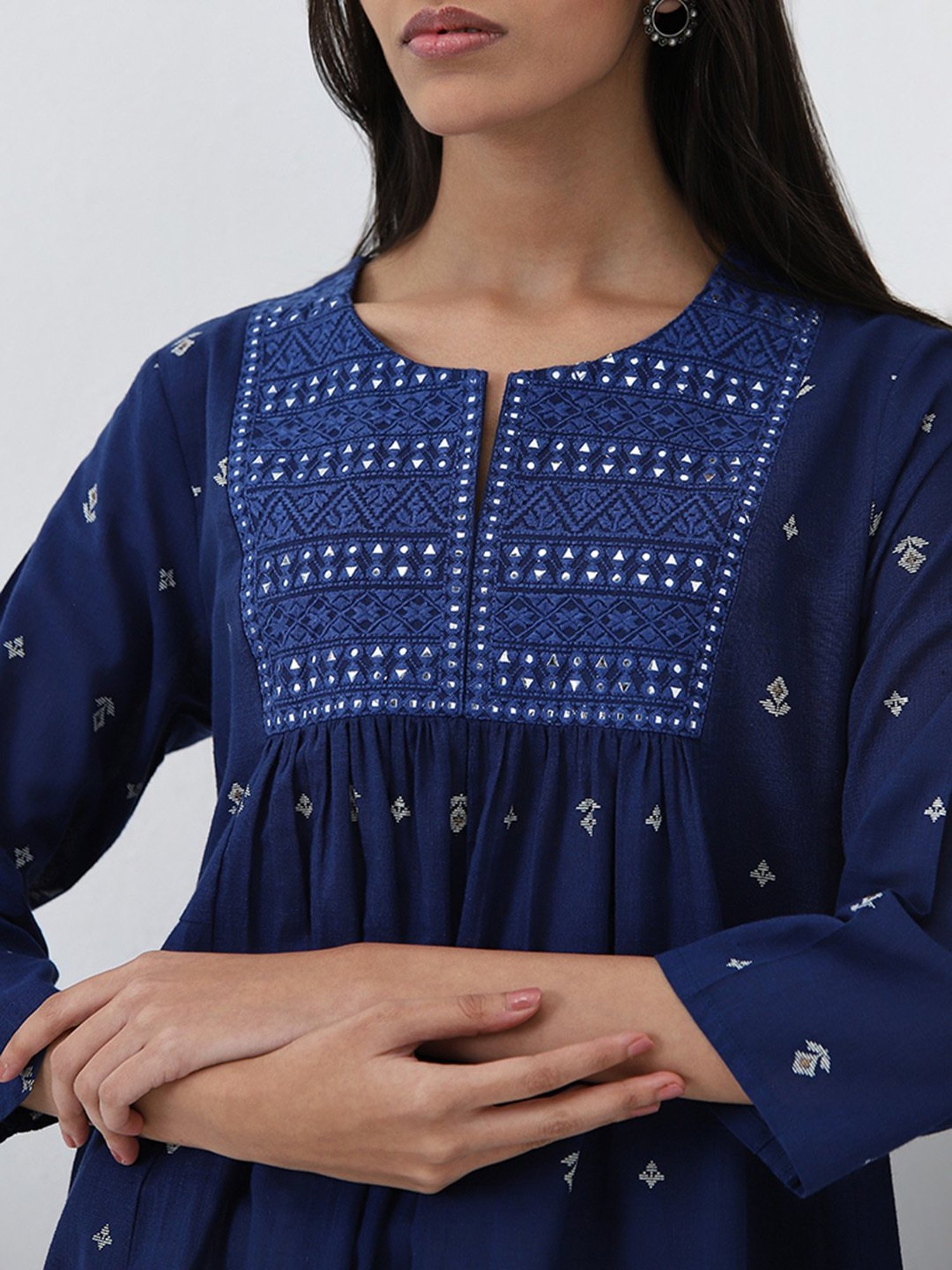 Utsa by Westside Dark Blue Printed Fit-and-Flare Cotton Kurta