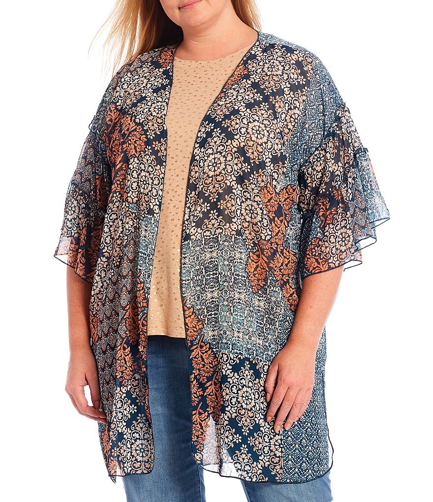 Democracy Plus Size Geometric Patchwork Print 3/4 Ruffle Sleeve Open-Front Kimono
