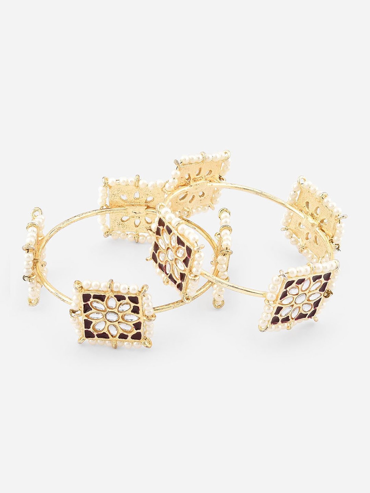 Fida Maroon Enamelled Kundan Beads Gold-Plated Square Bangles for Women - Set of 2