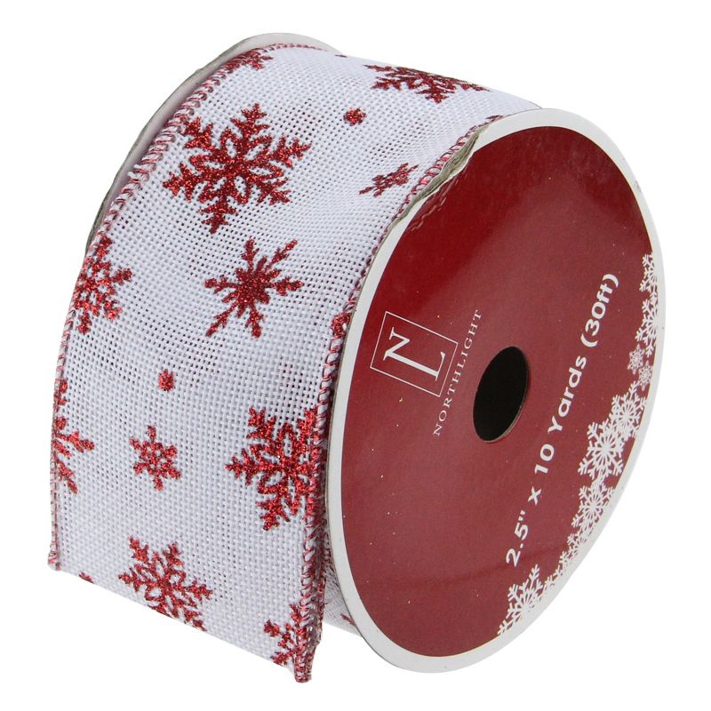 Northlight Club Pack of 12 White and Red Snowflakes Burlap Wired Christmas Craft Ribbon Spools - 2.5" x 12 Yards