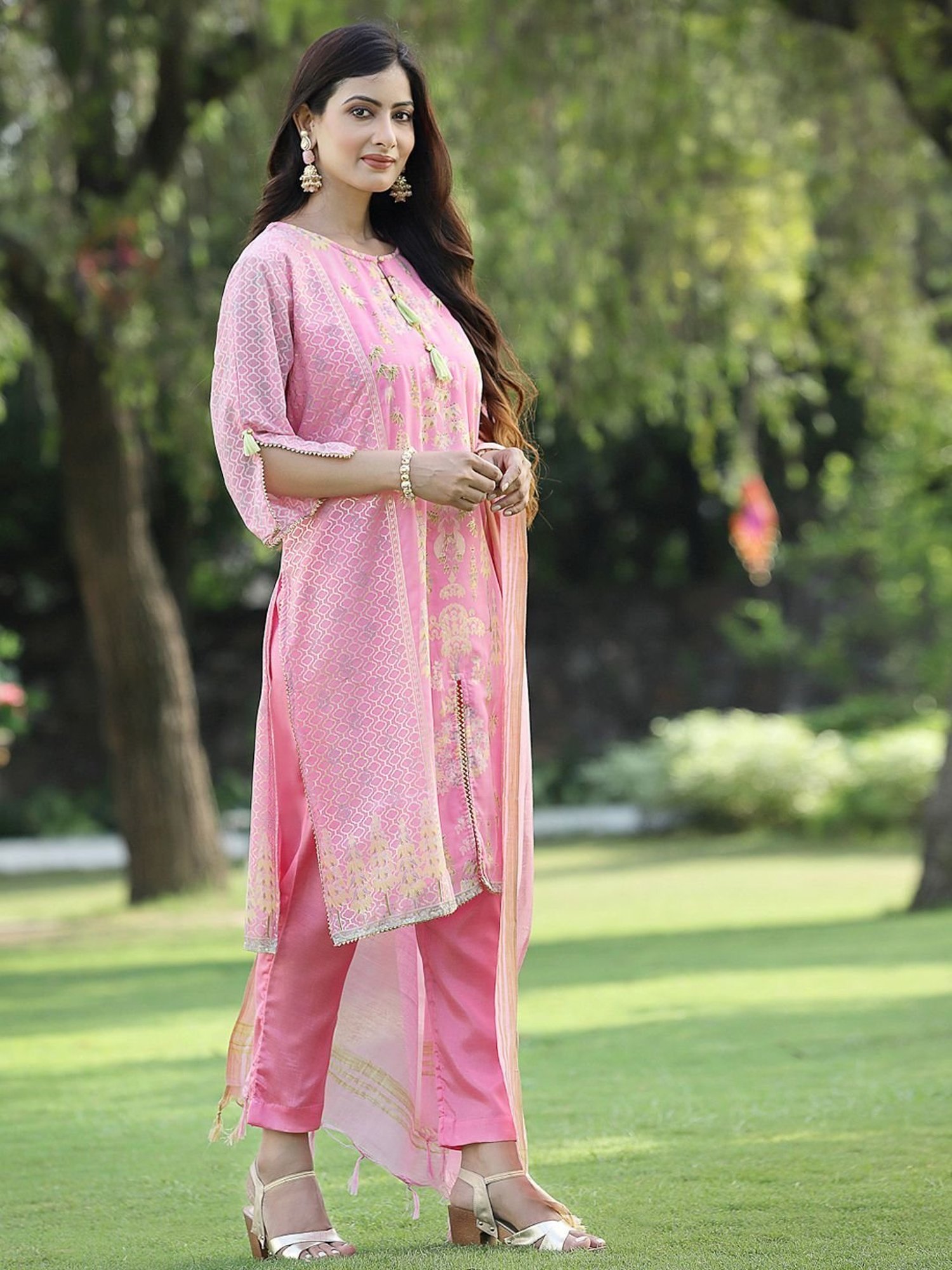 Juniper Pink Ethnic Motif Printed Georgette Kurta Pants & Dupatta Set With Tassels & Lace