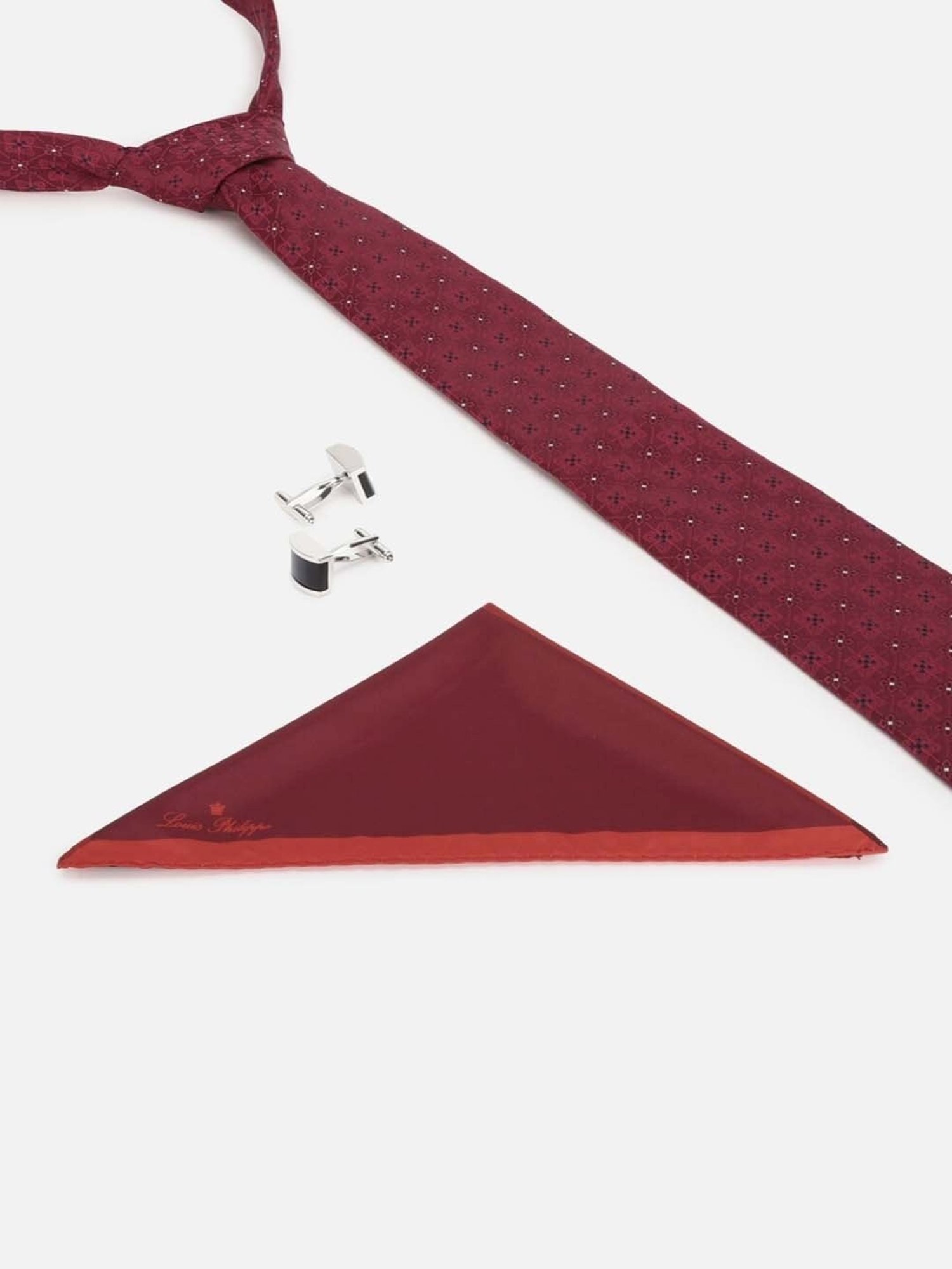 Louis Philippe Maroon Embroidered Tie with Pocket Square & Cufflinks
