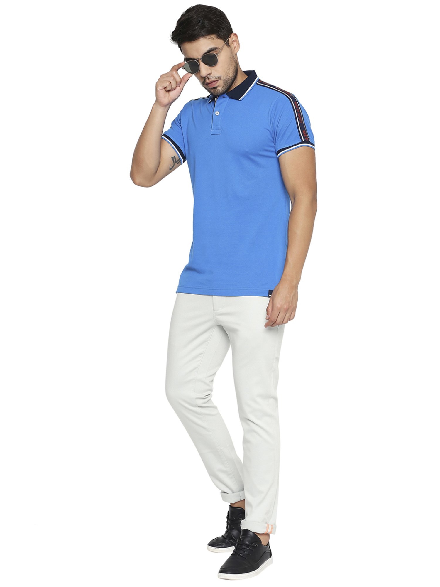 Basics Blue Slim Fit Striped Polo T-Shirt