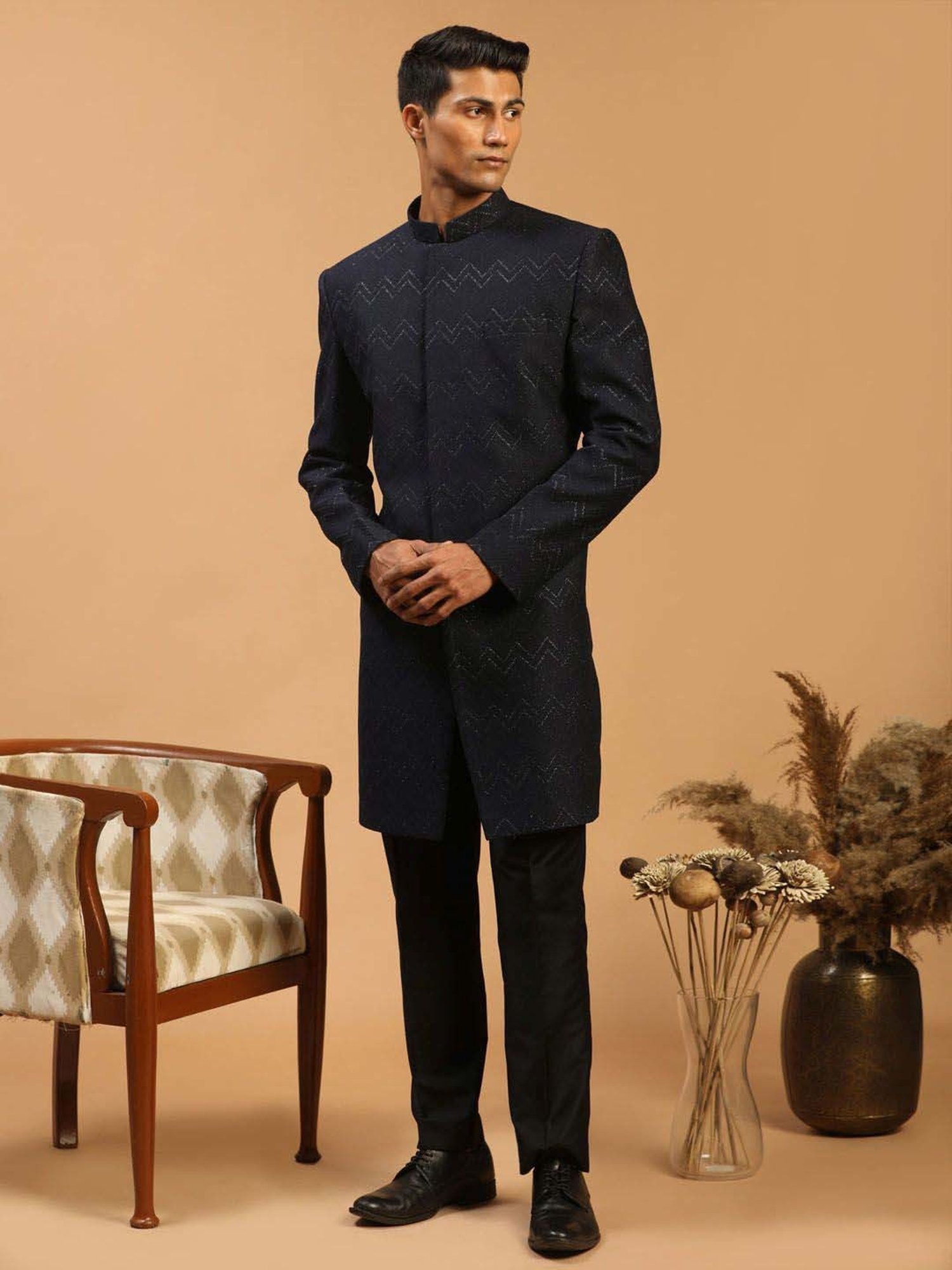 Vastramay Navy Regular Fit Embellished Sherwani Set