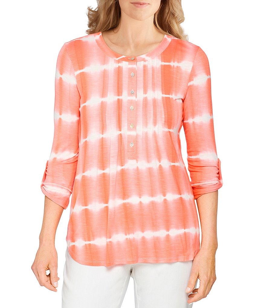 Ruby Rd. Tie-Dye Slub Knit 3/4 Roll-Tab Sleeve Pleat Front Detail Top