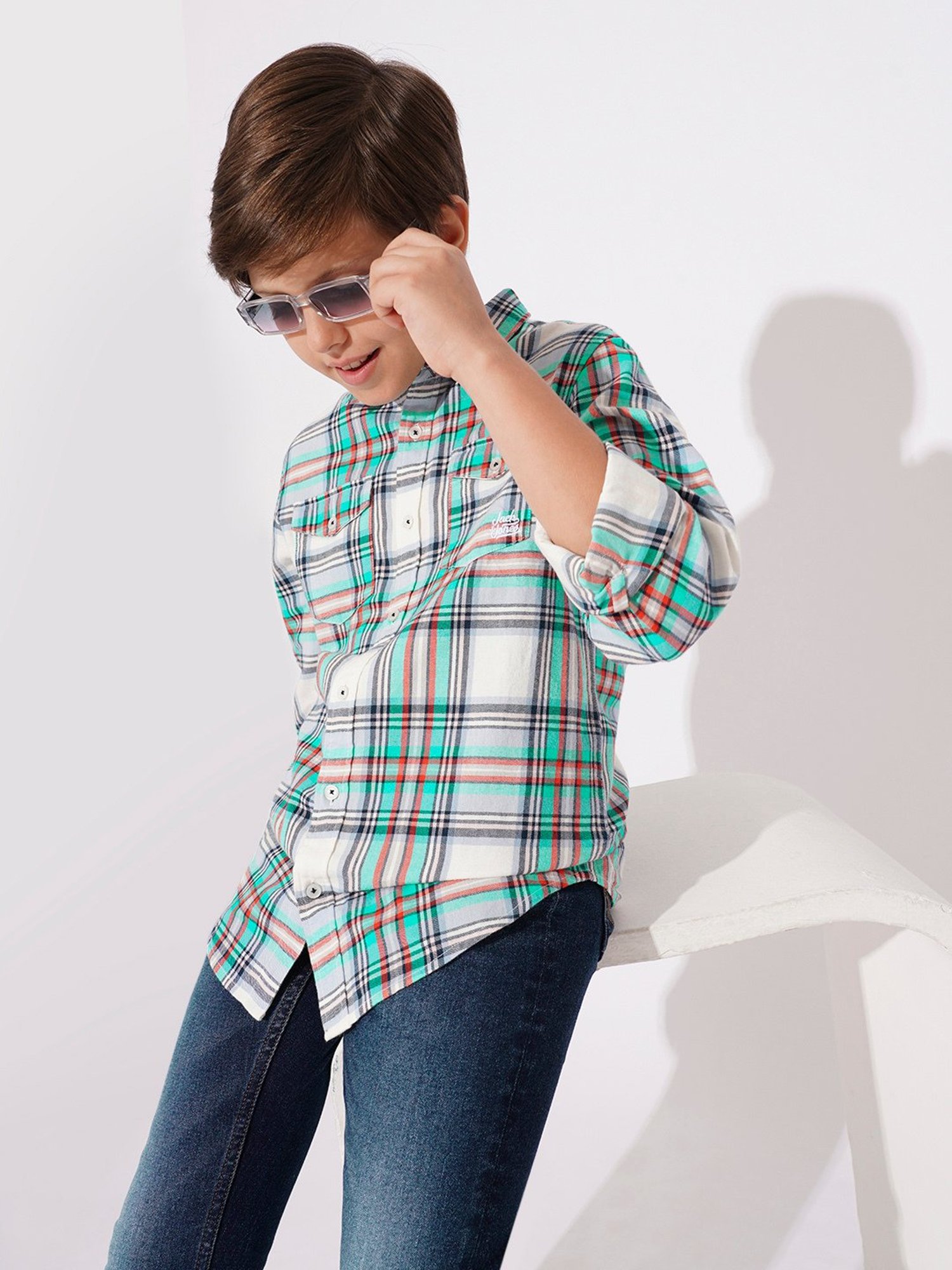 Jack & Jones Junior Boys White Cotton Checkered Shirt