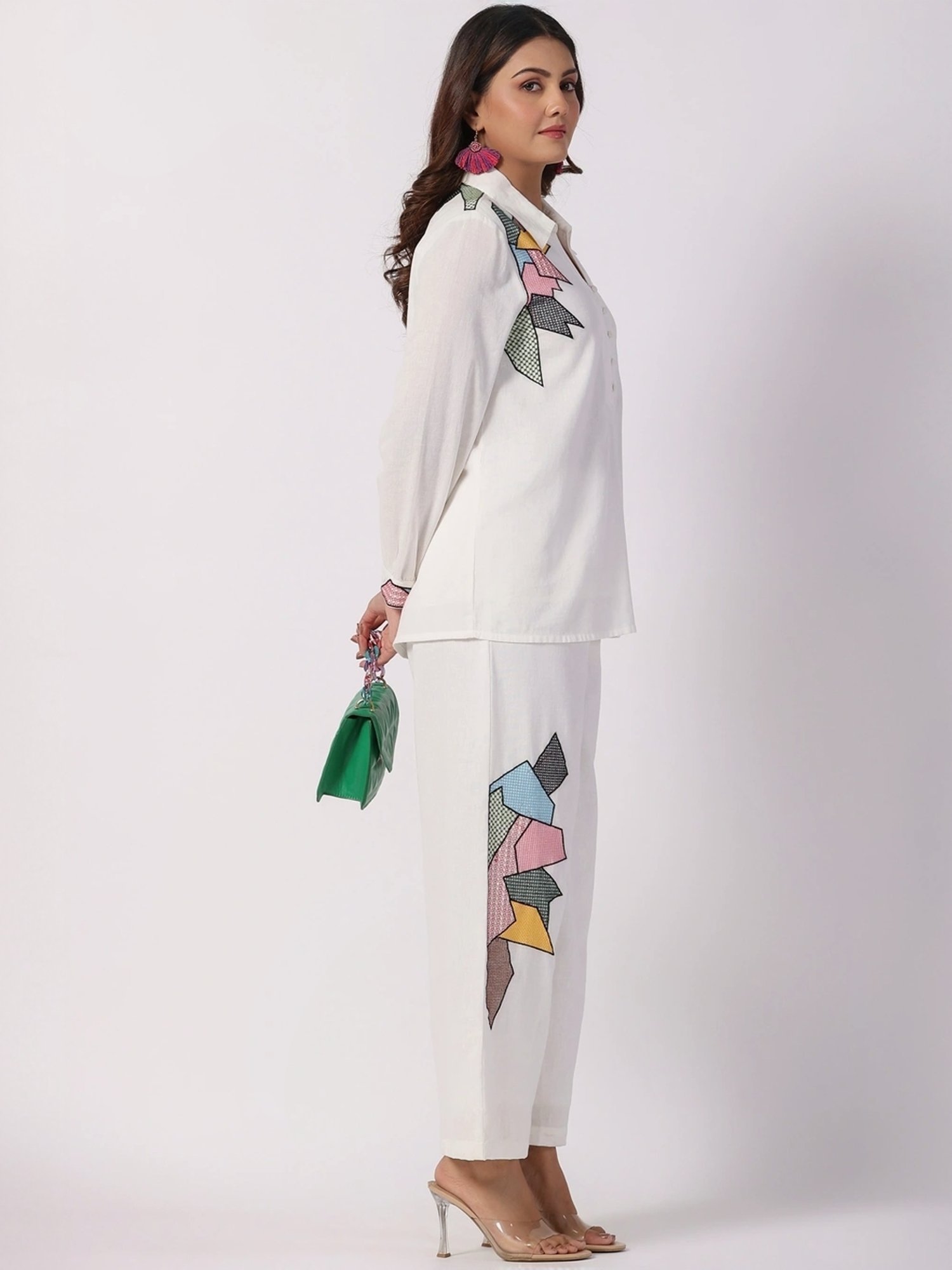 Zolo Label White Cotton Embroidered Top Palazzo Set