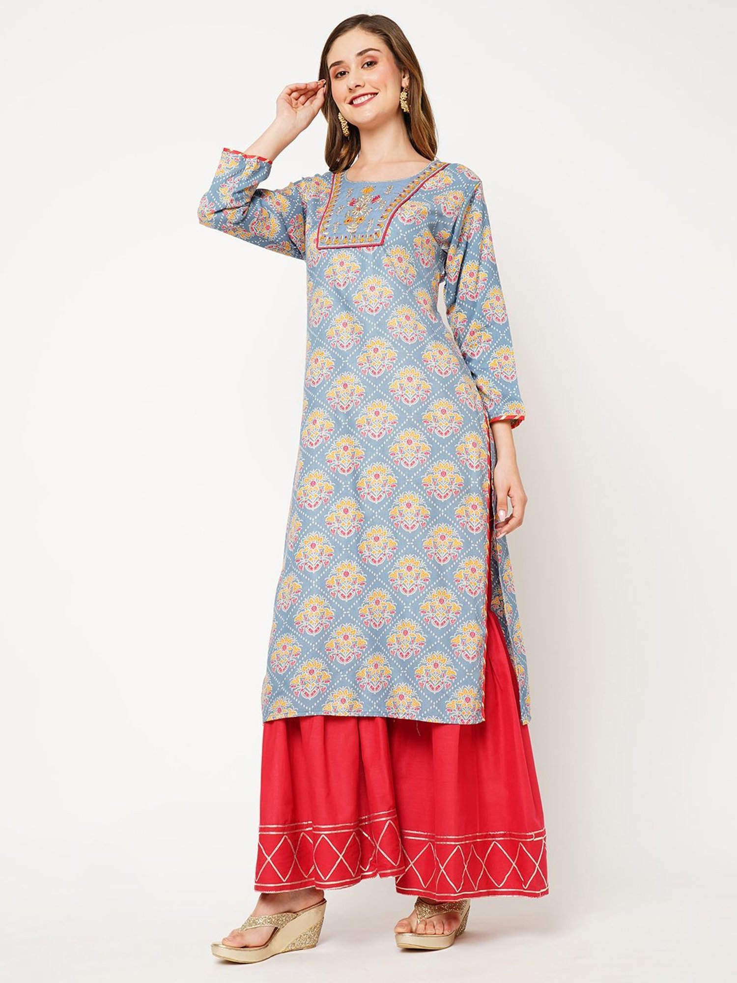 KIANA Blue & Red Printed Kurta Sharara Set