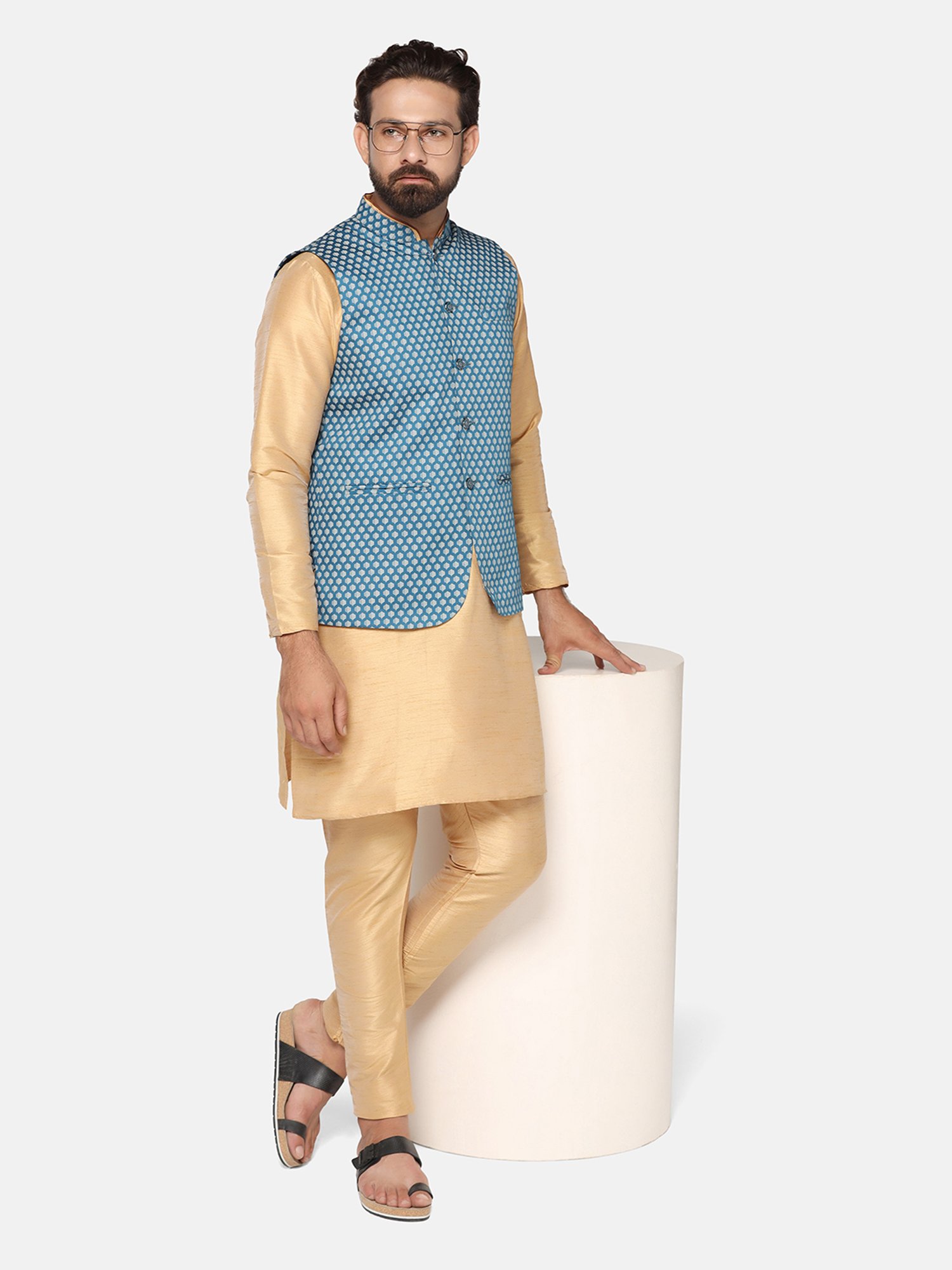 TAHVO Teal Blue Slim Fit Printed Nehru Jacket