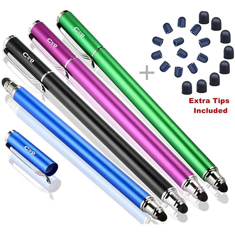 Capacitive Stylus / Styli 2-in-1 Universal Touch Screen Pen for All Touch Screen Tablets / Cell Phones with 20 Extra Replaceable Soft Rubber Tips (4 Pieces, Black/Blue/Purple/Green)