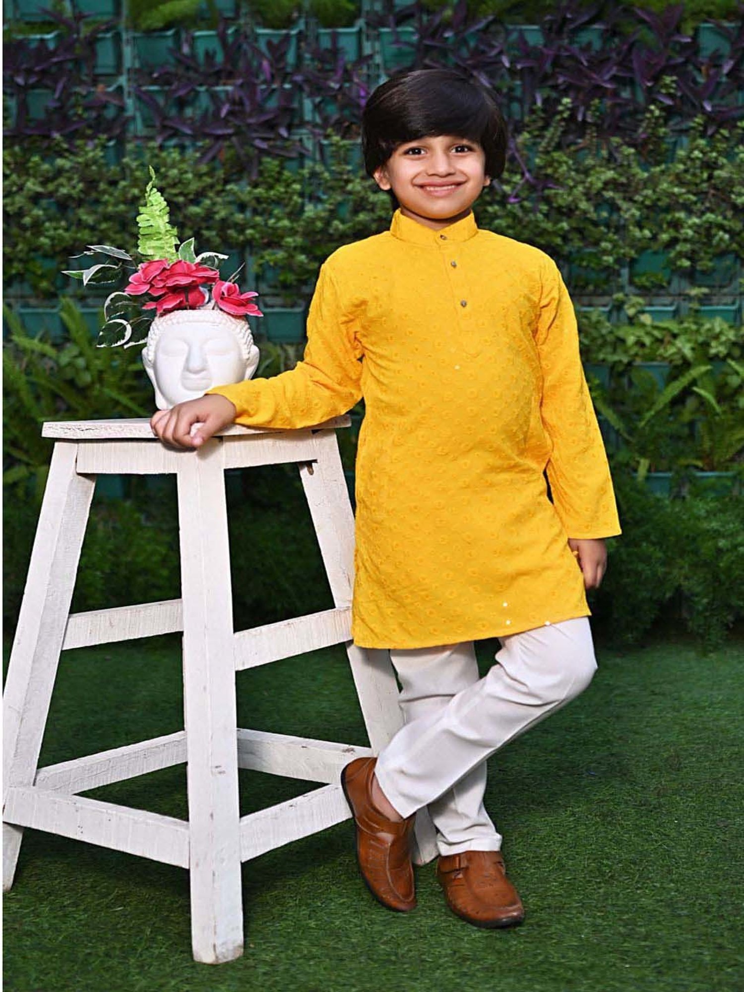 Ahhaaaa Kids Yellow & White Cotton Embroidered Full Sleeves Kurta Set