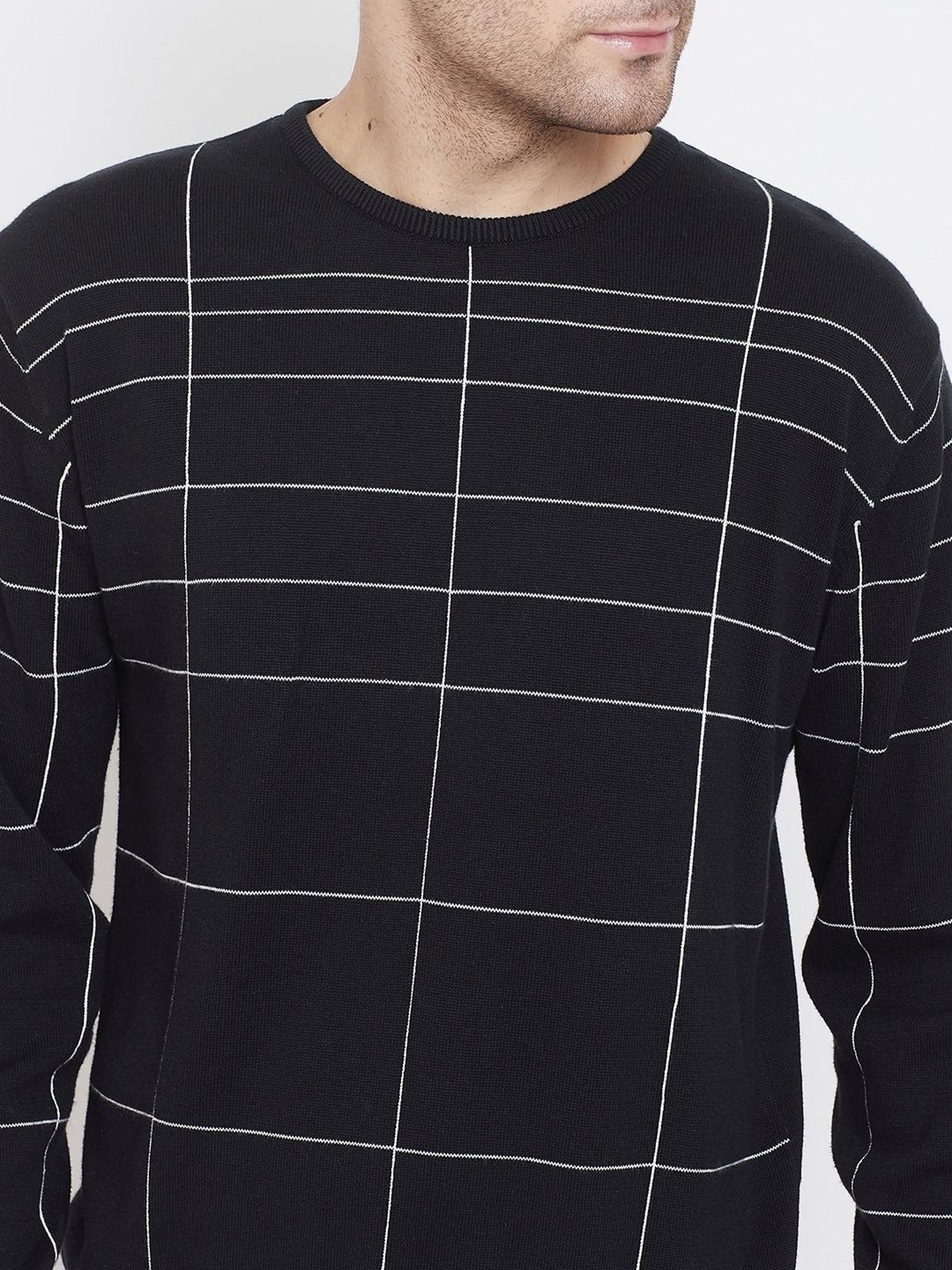 Crimsoune Club Black Cotton Slim Fit Checks Sweater