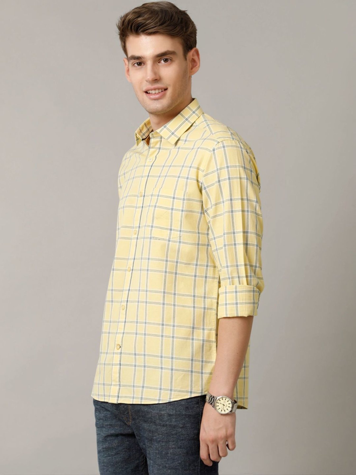Cavallo By Linen Club Yellow Linen Contemporary Fit Checks Shirt