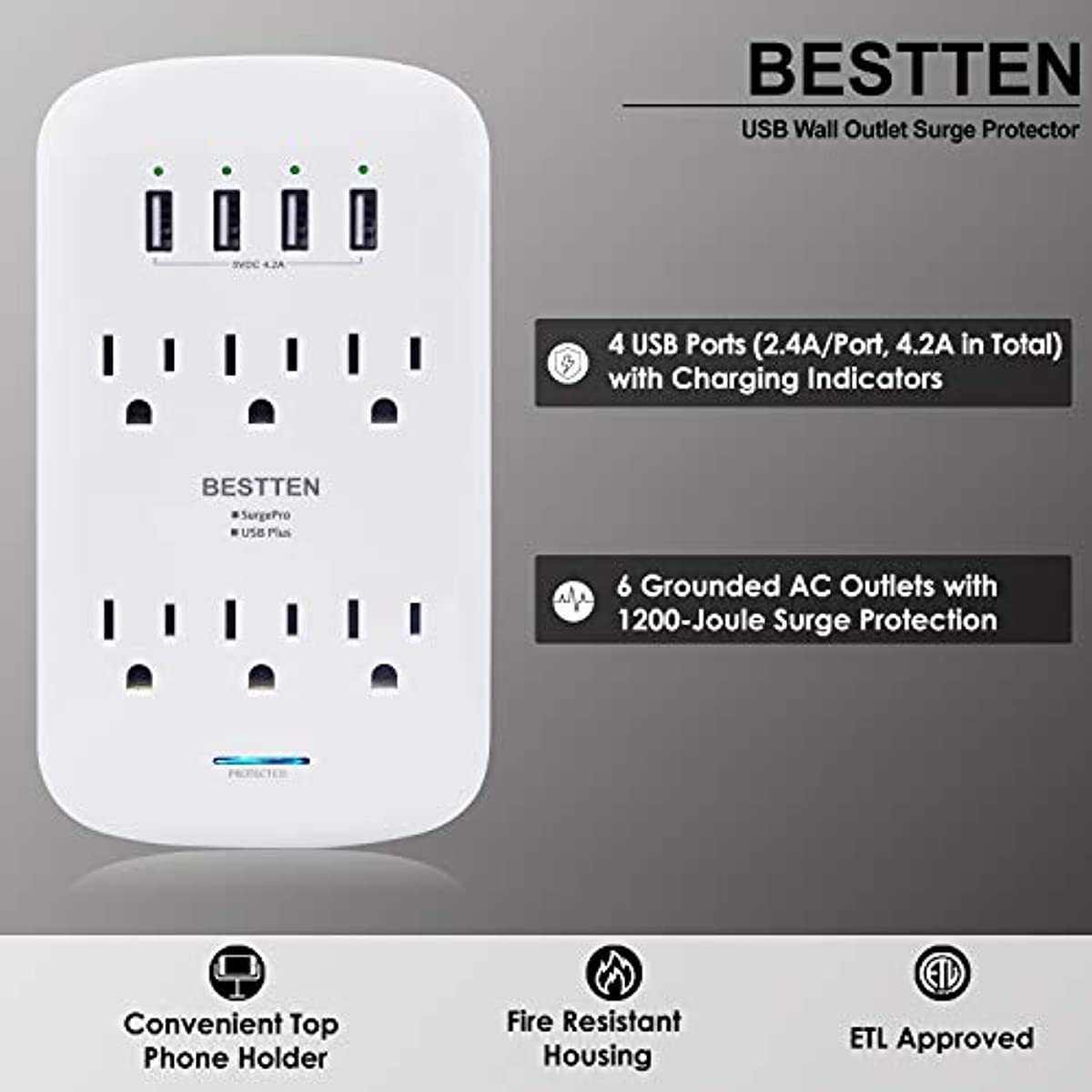 BESTTEN USB Wall Outlet Surge Protector (1200 Joules), 6 Grounded Outlets with 4 USB Charging Ports (5V/4.2A) and Top Phone Holder, ETL Listed, White